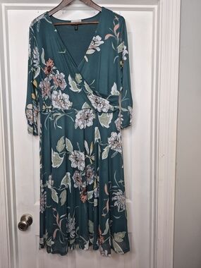 Allison Brittney Teal Floral Wrap Midi Dress 2x